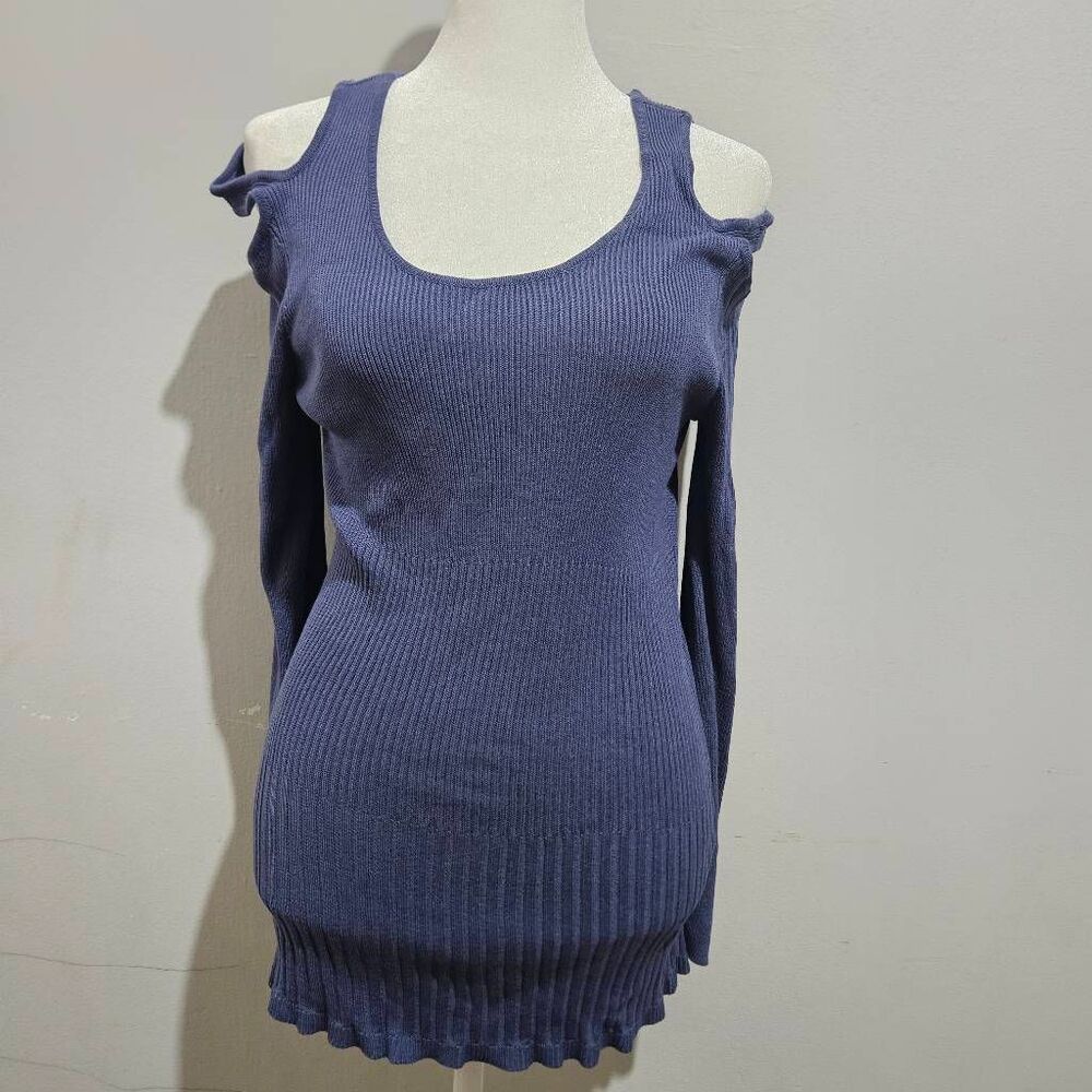Chico's ribbed cold-shoulder knit top in indigo blue with a scoop neckline and r